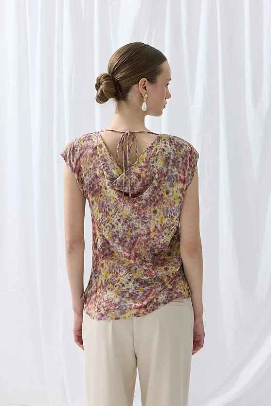 İz Collection Eco-Print Cowl Neck Blouse - Purple - Gusto