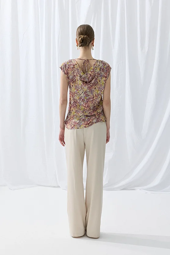 İz Collection Eco-Print Cowl Neck Blouse - Purple - Gusto