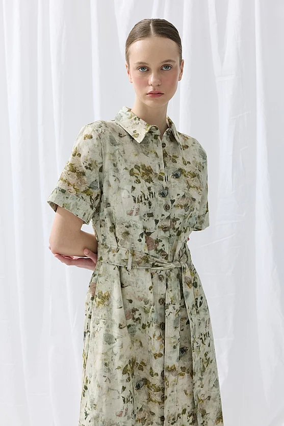 İz Collection Eco-Print Linen Midi Shirt Dress - Green - Gusto