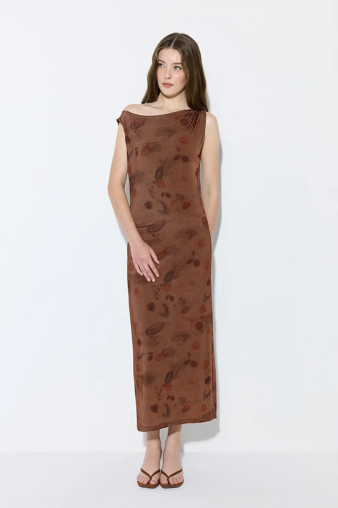 İz Collection Eco Print One-Shoulder Long Dress - Brown Brown