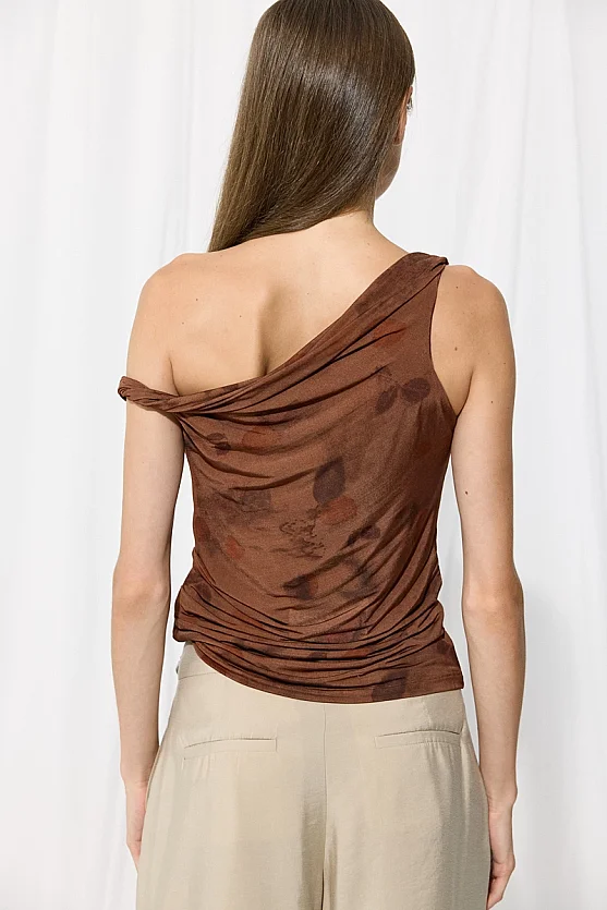 Iz Collection Eco Print One-Shoulder Twisted Tank Blouse - Brown - 9