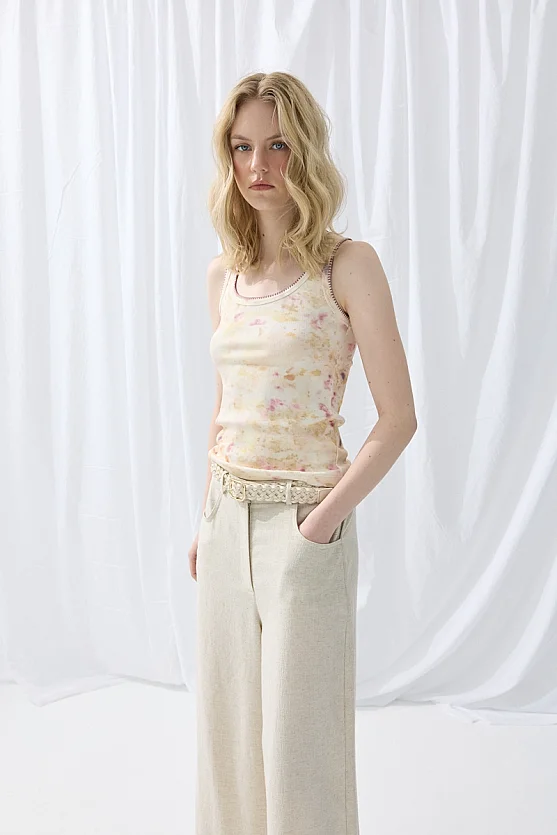 İz Collection Eco-Print Patterned Embroidered Tank Top - Stone - 1