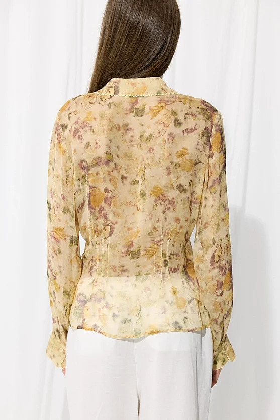 Iz Collection Eco Print Rayon Chiffon Shirt - Beige - 8