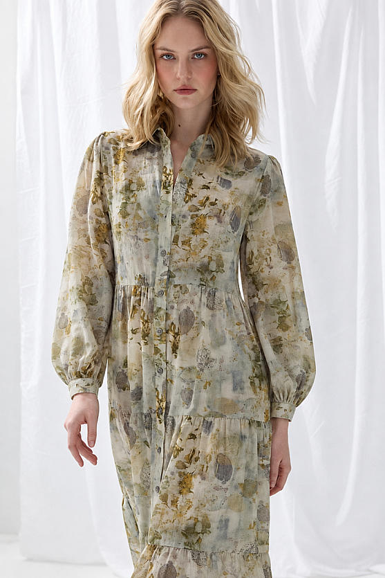 İz Collection Eco-Print Relaxed Fit Long Dress - Green - Gusto