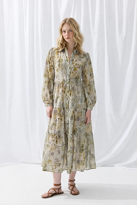 İz Collection Eco-Print Relaxed Fit Long Dress - Green - Gusto