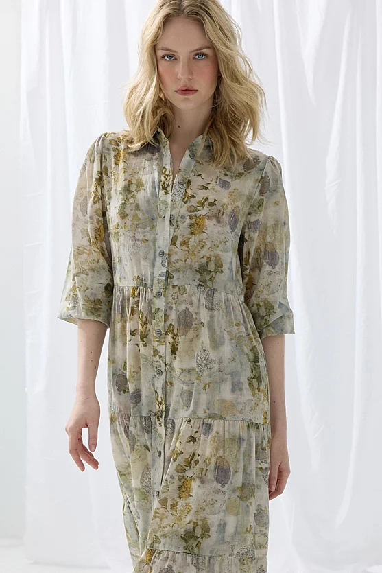 İz Collection Eco-Print Relaxed Fit Long Dress - Green - Gusto