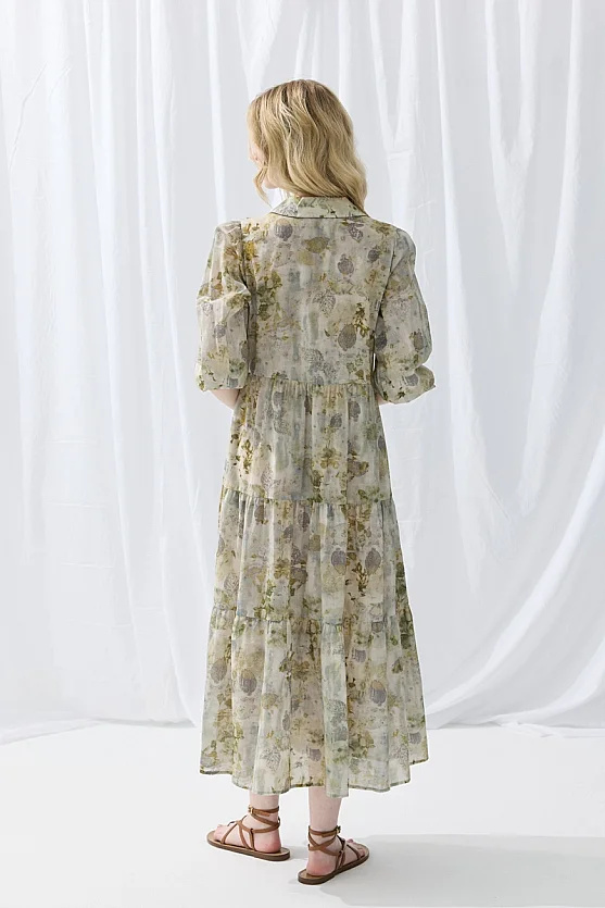 İz Collection Eco-Print Relaxed Fit Long Dress - Green - Gusto