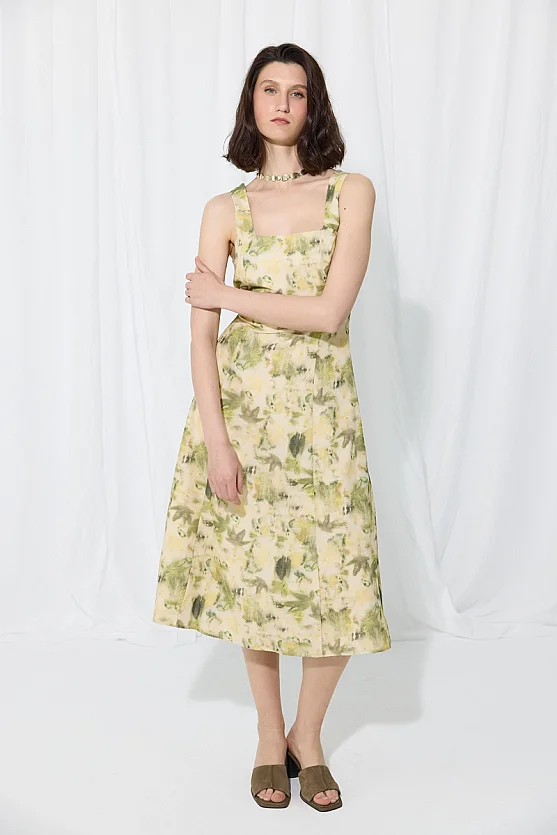 İz Collection Eco-Print Square Neck Linen Dress - Green - 1