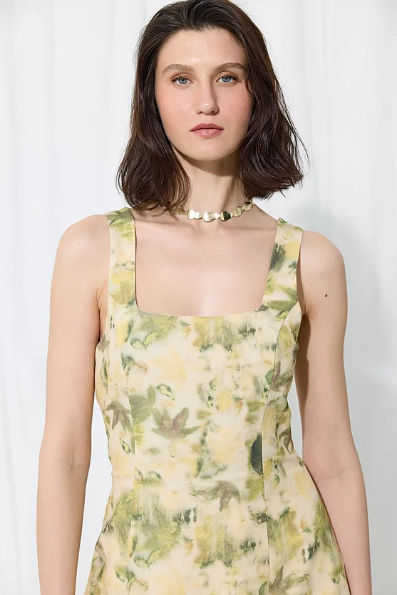 İz Collection Eco-Print Square Neck Linen Dress - Green - Gusto
