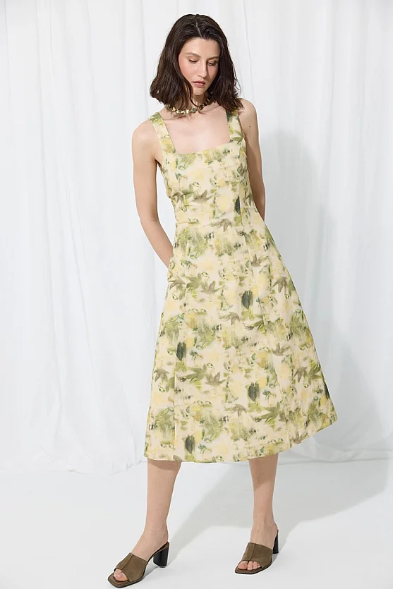İz Collection Eco-Print Square Neck Linen Dress - Green - 2