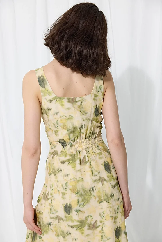 İz Collection Eco-Print Square Neck Linen Dress - Green - Gusto