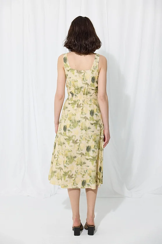 İz Collection Eco-Print Square Neck Linen Dress - Green - 7