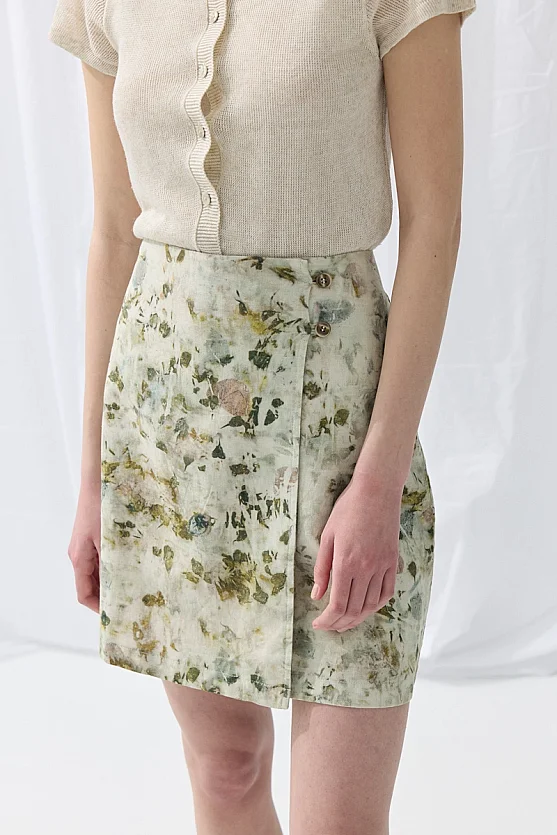 İz Collection Eco-Print Wrap Cut Mini Skirt - Green - 2