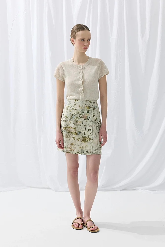 İz Collection Eco-Print Wrap Cut Mini Skirt - Green - Gusto