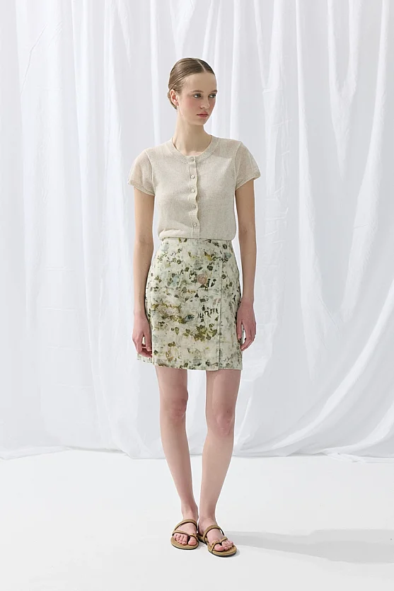 İz Collection Eco-Print Wrap Cut Mini Skirt - Green - Gusto