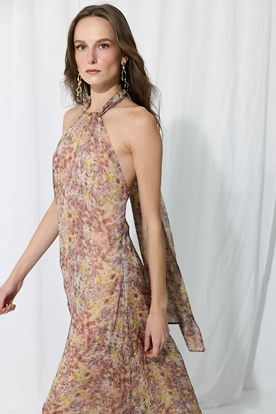İz Collection Halter Neck Long Chiffon Evening Dress - Purple - Gusto