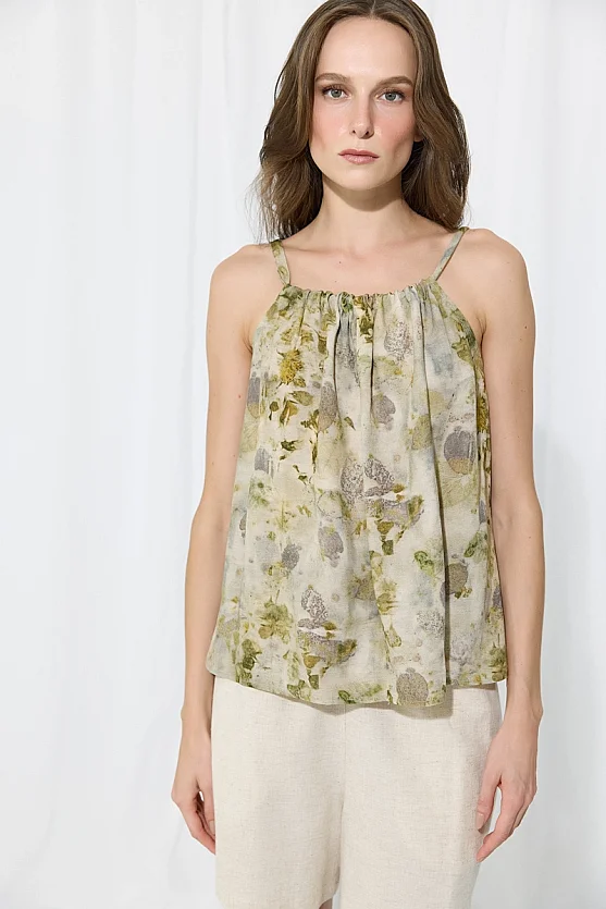 İz Collection Strappy Linen Blouse - Green - Gusto