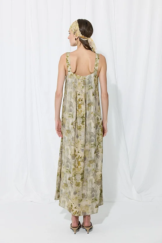 İz Collection Strappy Long Linen Dress - Green - 8