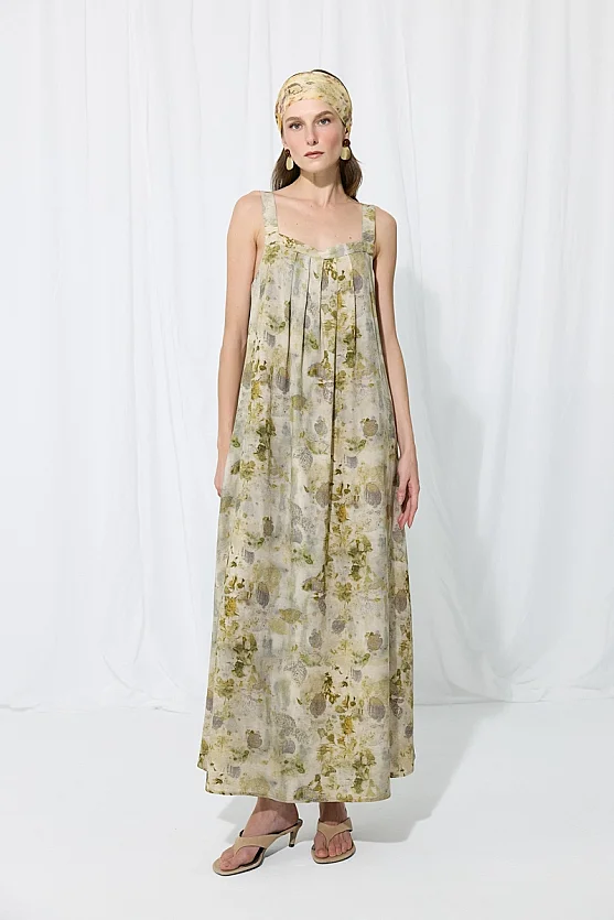 İz Collection Strappy Long Linen Dress - Green - Gusto