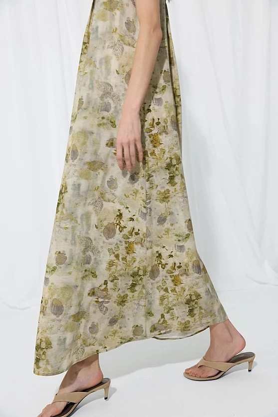 İz Collection Strappy Long Linen Dress - Green - Gusto