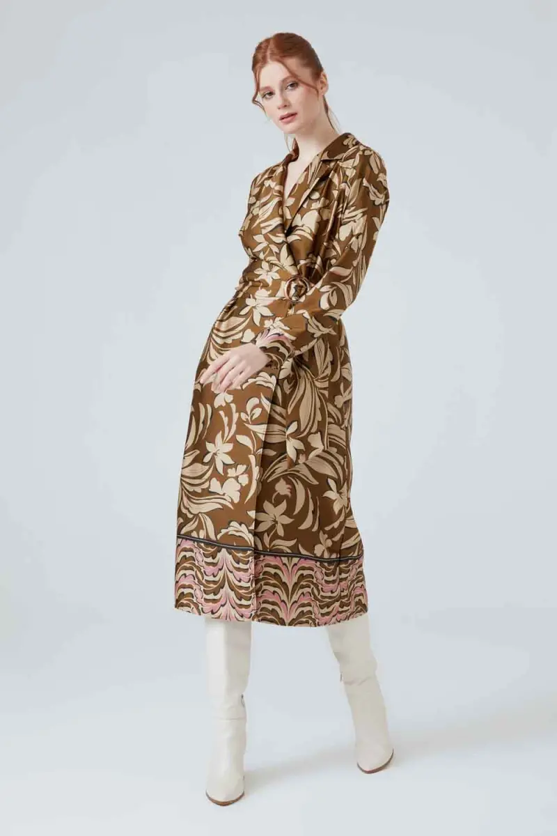 Jacket Collar Patterned Dress - Khaki - 2