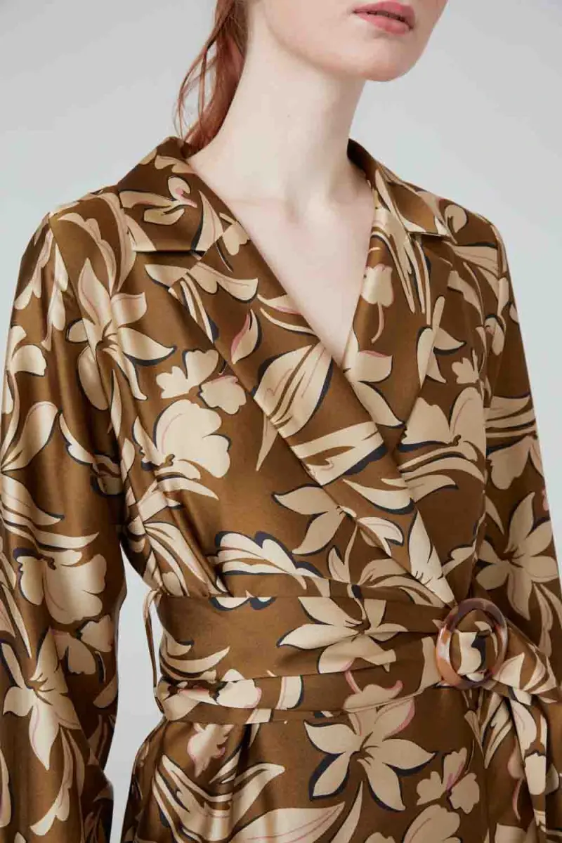 Jacket Collar Patterned Dress - Khaki - 4