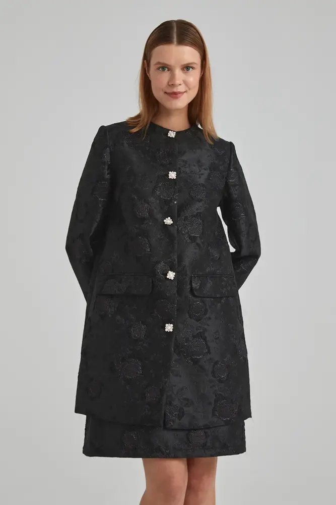 Jacquard Caftan with Stone Buttons - Black Black