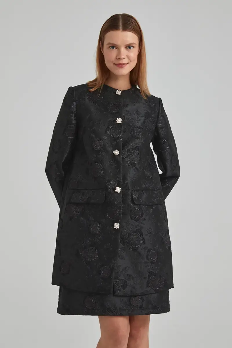 Jacquard Caftan with Stone Buttons - Black - 1