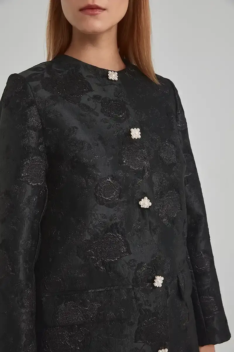 Jacquard Caftan with Stone Buttons - Black - 3
