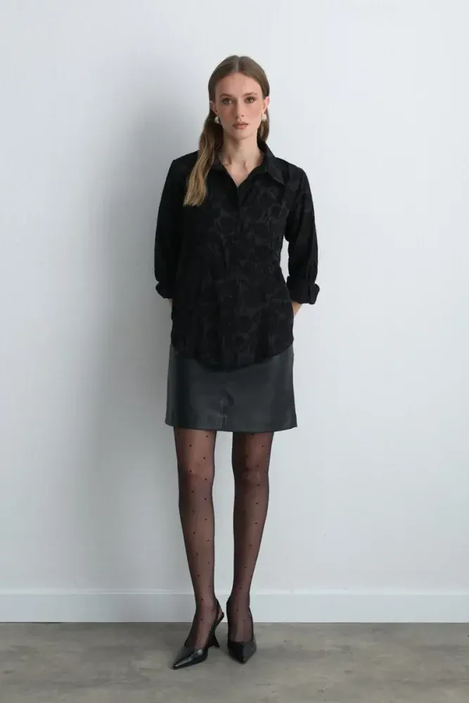 Jacquard Patterned Embroidered Shirt - Black Black