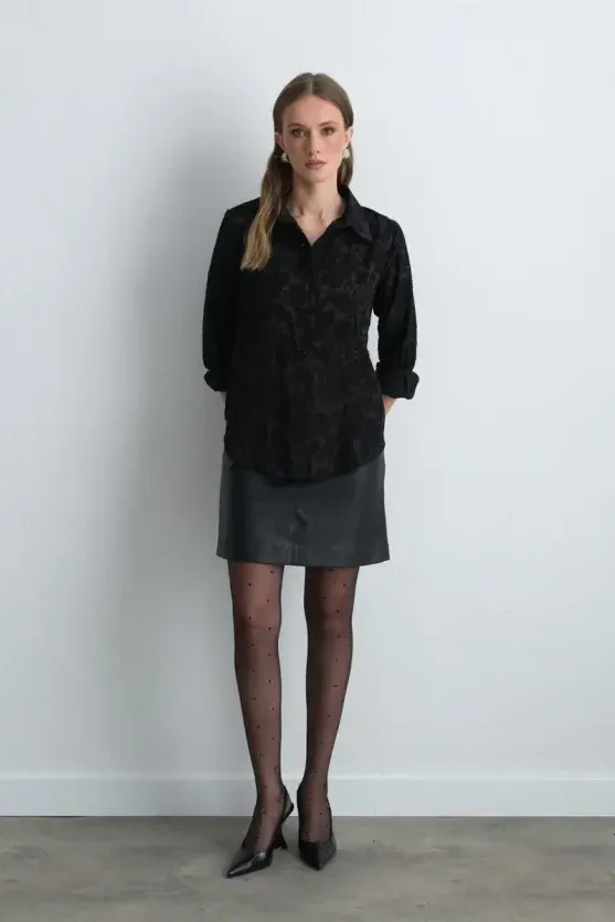 Jacquard Patterned Embroidered Shirt - Black - 1