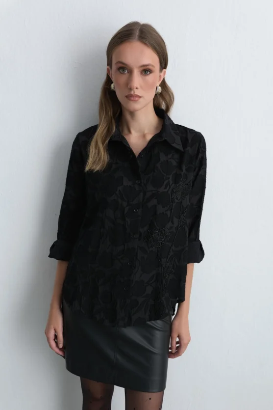 Jacquard Patterned Embroidered Shirt Black - 2