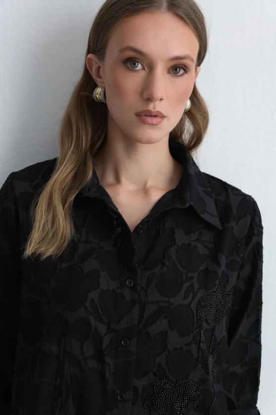 Jacquard Patterned Embroidered Shirt Black - Gusto
