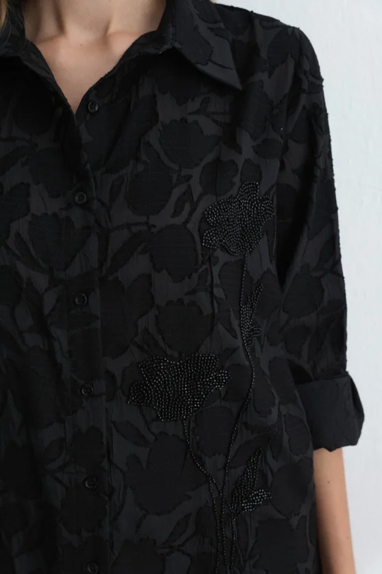 Jacquard Patterned Embroidered Shirt Black - Gusto
