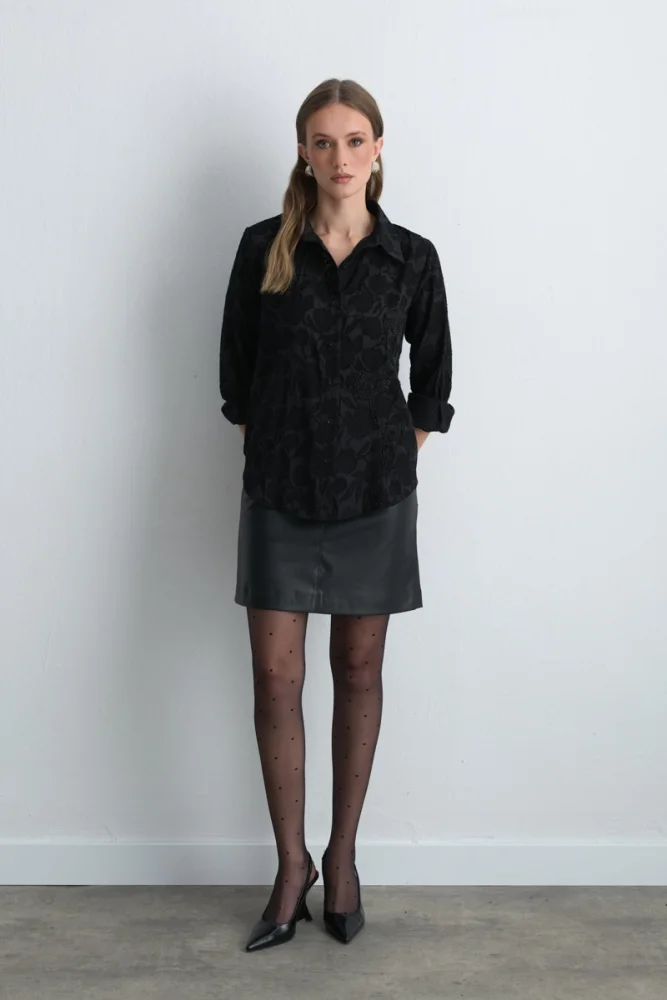 Jacquard Patterned Embroidered Shirt Black Black