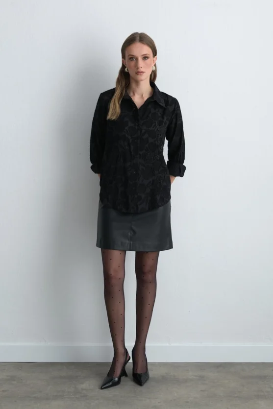 Jacquard Patterned Embroidered Shirt Black - Gusto