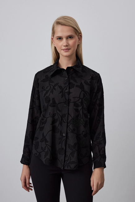 Jacquard Patterned Embroidered Shirt - Black - Gusto