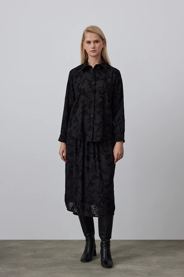 Jacquard Patterned Embroidered Shirt - Black - 3