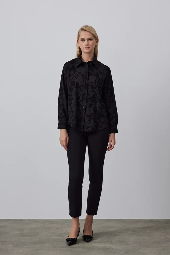 Jacquard Patterned Embroidered Shirt - Black - 2