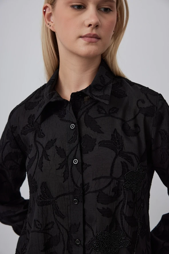 Jacquard Patterned Embroidered Shirt - Black - 4