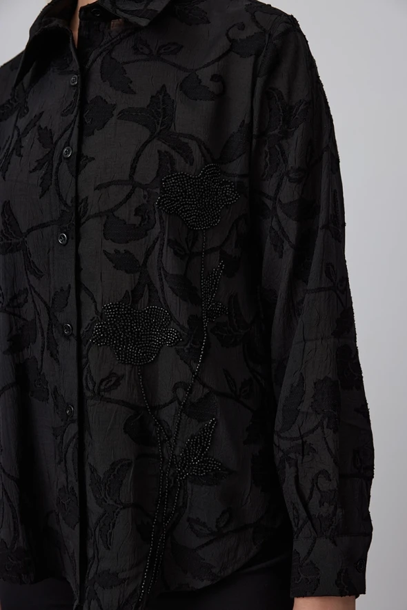 Jacquard Patterned Embroidered Shirt - Black - 5