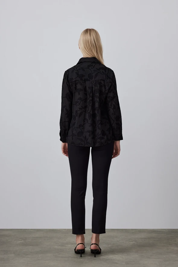 Jacquard Patterned Embroidered Shirt - Black - 6