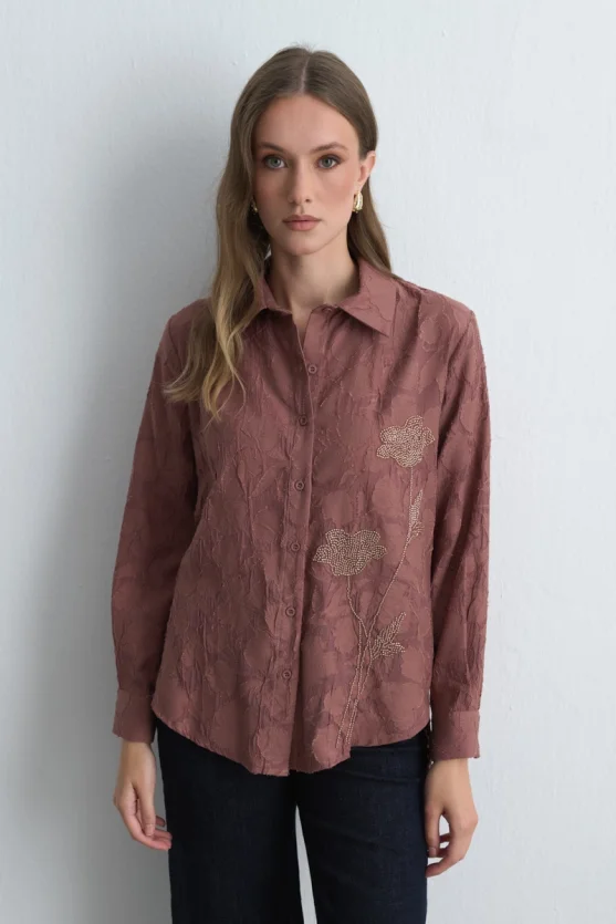 Jacquard Patterned Embroidered Shirt - Dusty Rose - 2