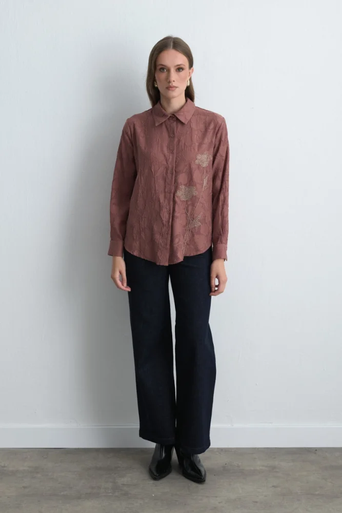 Jacquard Patterned Embroidered Shirt Dusty Rose