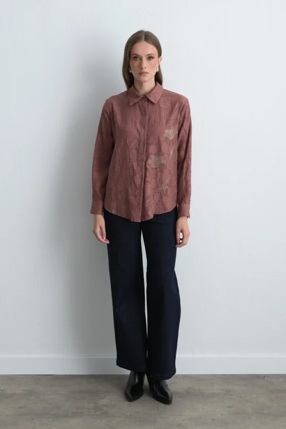Jacquard Patterned Embroidered Shirt Dusty Rose - 1