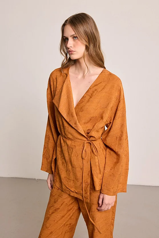 Jacquard Patterned Linen Kimono - Brick - 3