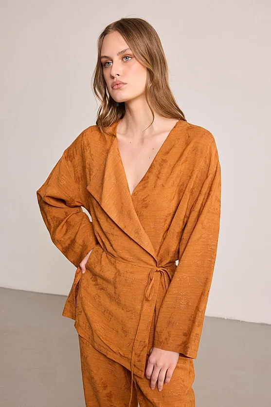 Jacquard Patterned Linen Kimono - Brick - 3