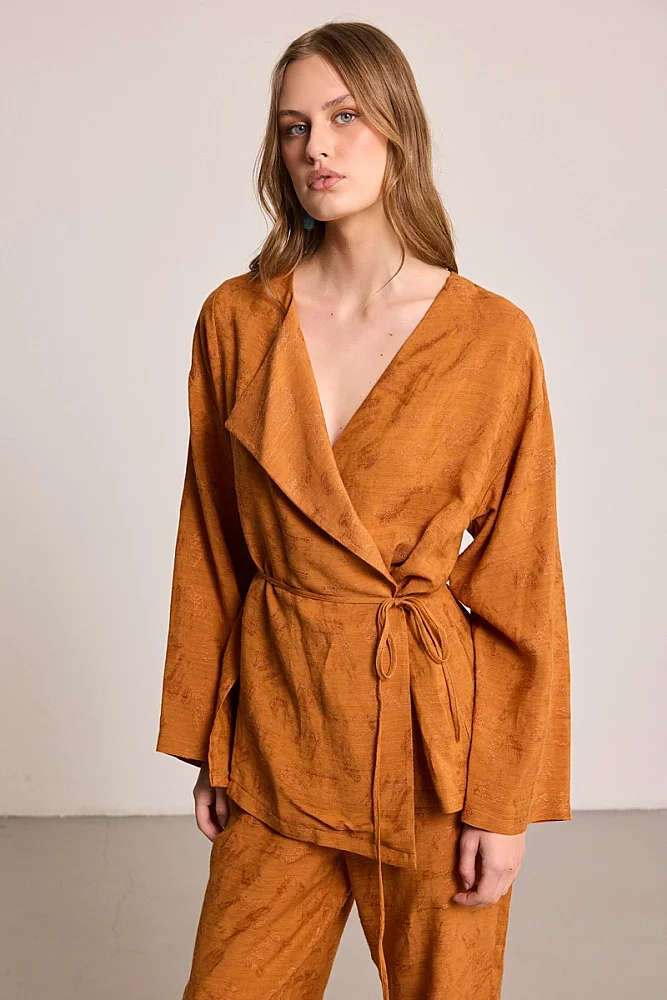 Jacquard Patterned Linen Kimono - Brick Brick-red