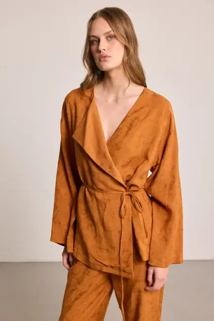 Jacquard Patterned Linen Kimono - Terracotta - Gusto