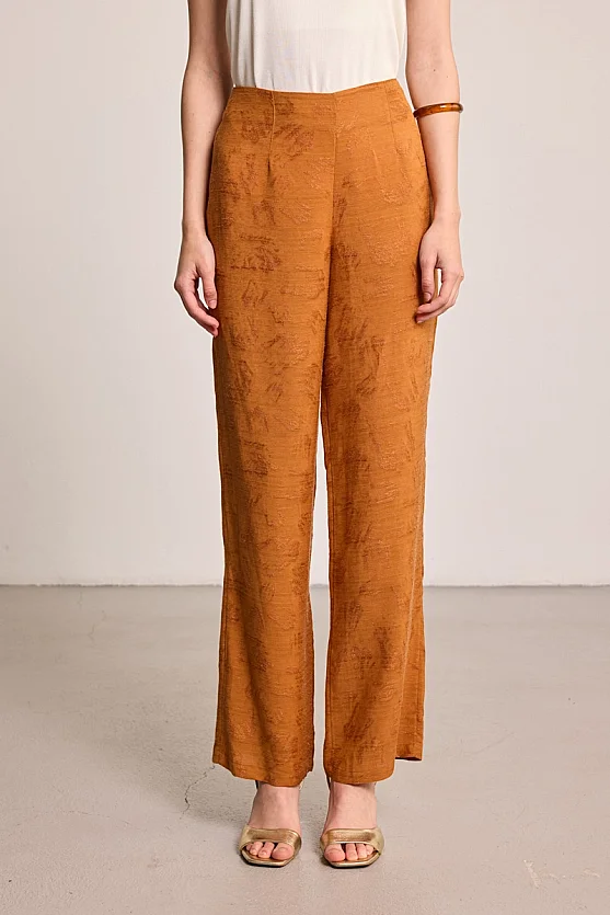 Jacquard Patterned Linen Trousers - Brick - 2